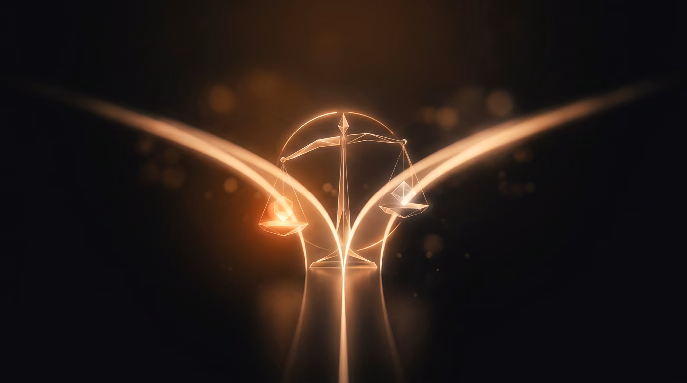 Abstract 8FIGURES illustration of a decision fork weighing an advisor fee against value, in warm-black and orange brand colors.