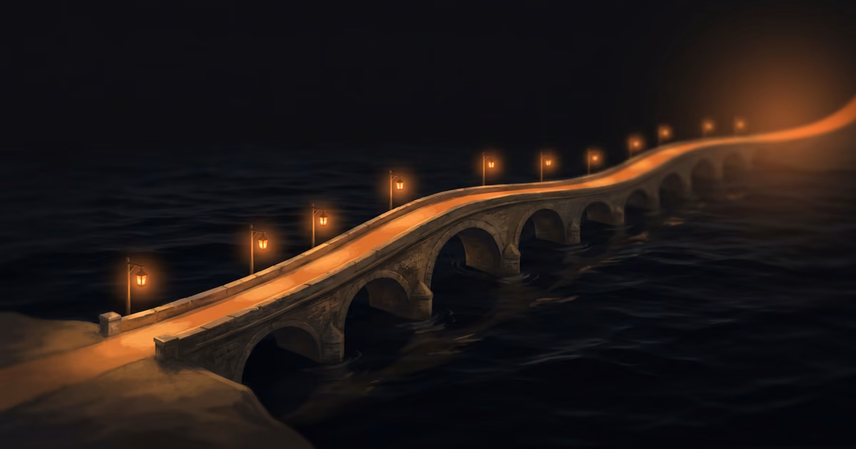 Conceptual illustration of a lantern-lit bridge over dark water, representing careful retirement withdrawals.