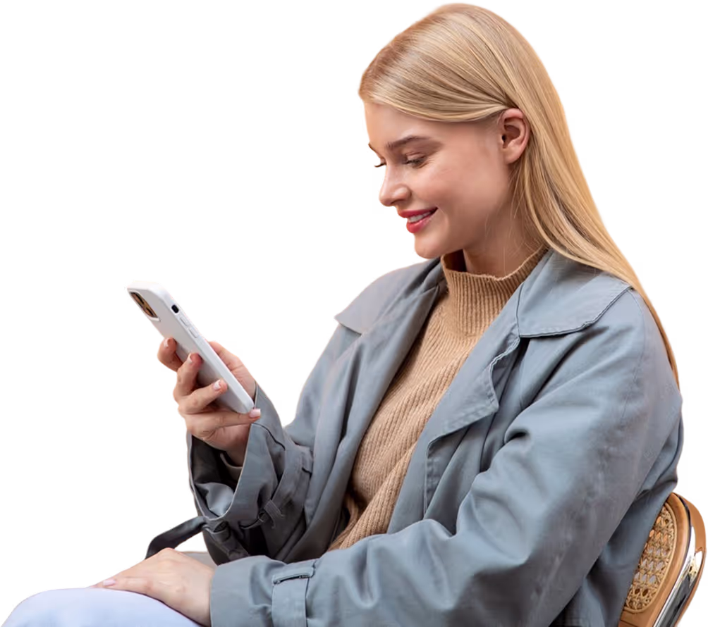 Woman Using Digital Banking App – Mobile Finance Illustration Young woman smiling while using a banking app on her smartphone, representing modern fintech convenience.