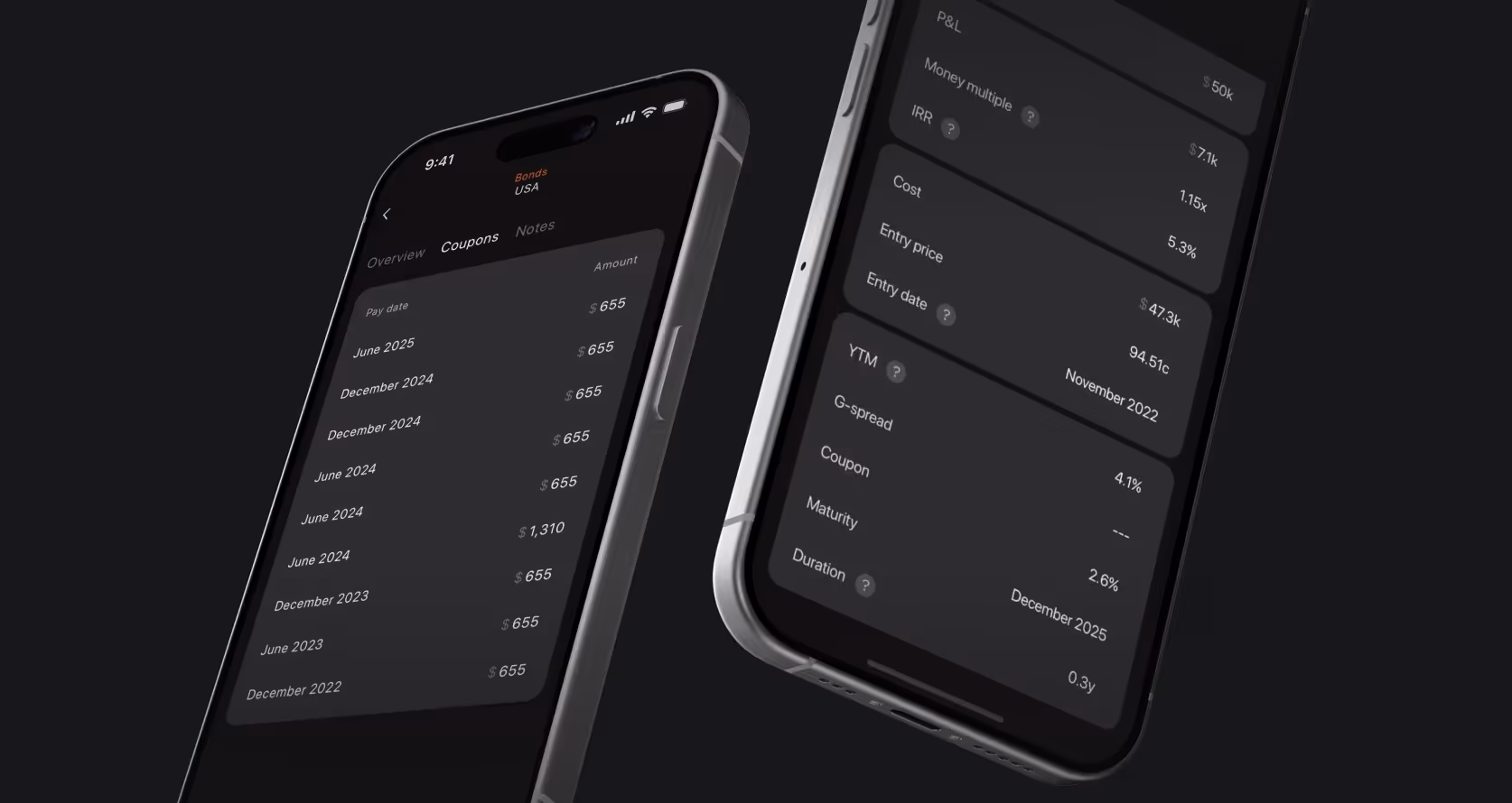 Financial App on Phones Two smartphones displaying a dark-themed financial app. The left phone shows a list of bond coupon payments by date, and the right phone displays detailed bond metrics like YTM, coupon rate, and maturity.