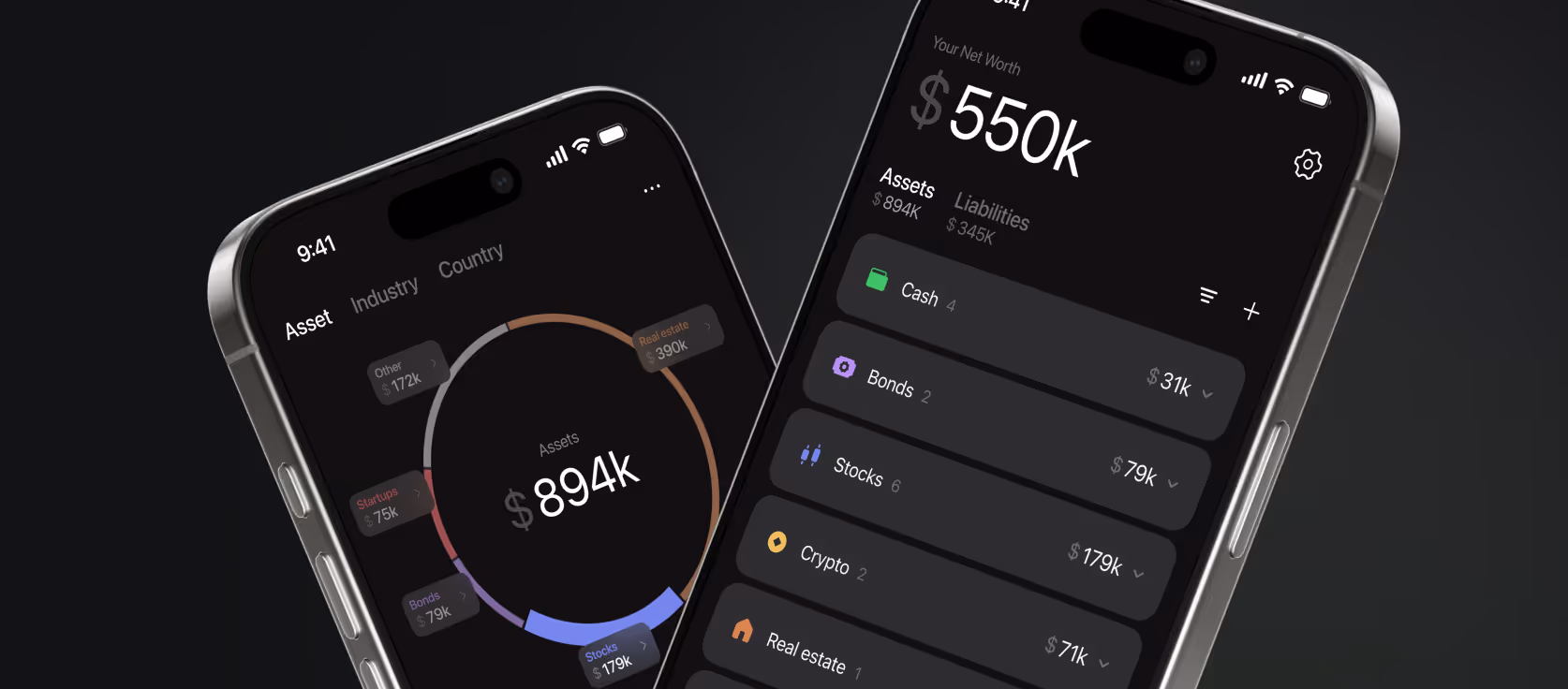 Two smartphones showing a financial app with net worth, assets, and liabilities details on dark themed screens.