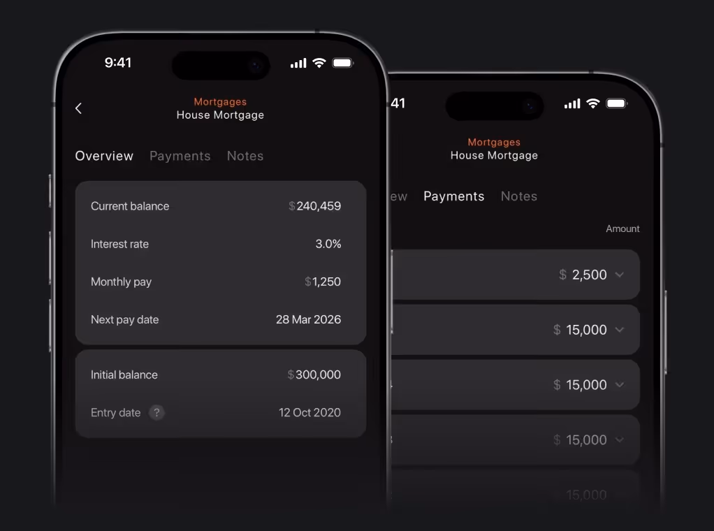 Mobile app screen showing house mortgage details including current balance $240,459, interest rate 3%, monthly payment $1,250, next pay date March 28, 2026, initial balance $300,000, and entry date October 12, 2020.