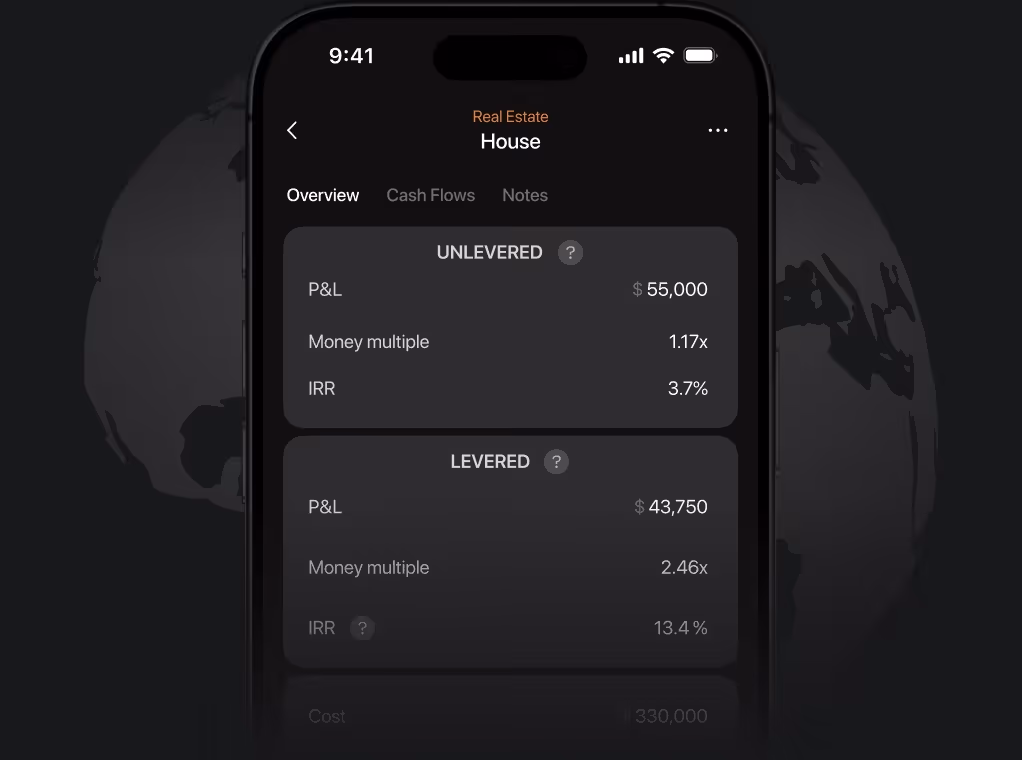 Mobile screen showing real estate investment summary for a house with unlevered and levered P&L, money multiple, and IRR values.