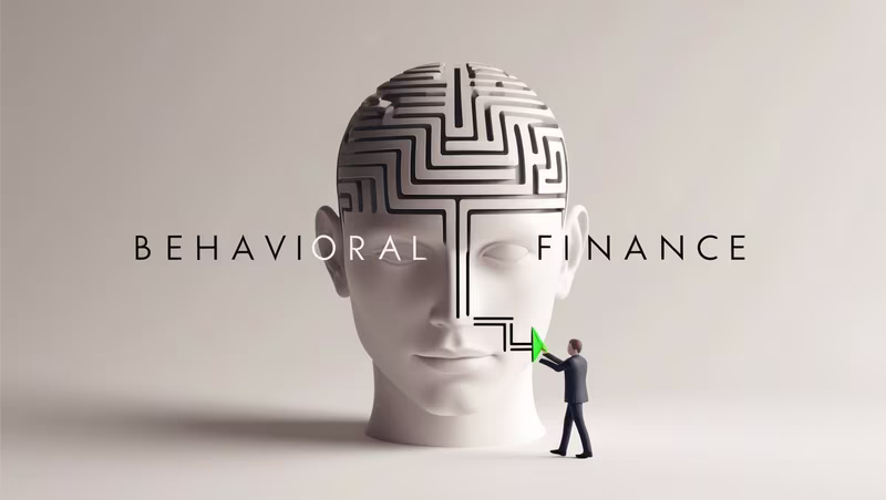 Illustration of behavioral finance in investing showing a human head split between rational charts and emotional symbols (fear, greed, herd icons), representing cognitive bias in investment decisions.