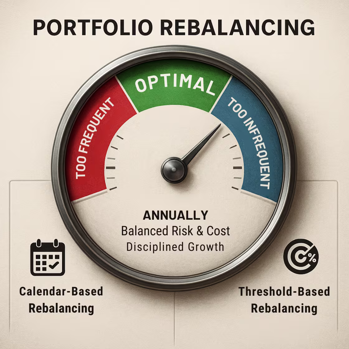 A gauge for 'Portfolio Rebalancing' shows 'Optimal' (Annually), 'Too Frequent' (red), 'Too Infrequent' (blue) zones. Icons for Calendar-Based and Threshold-Based rebalancing are below.