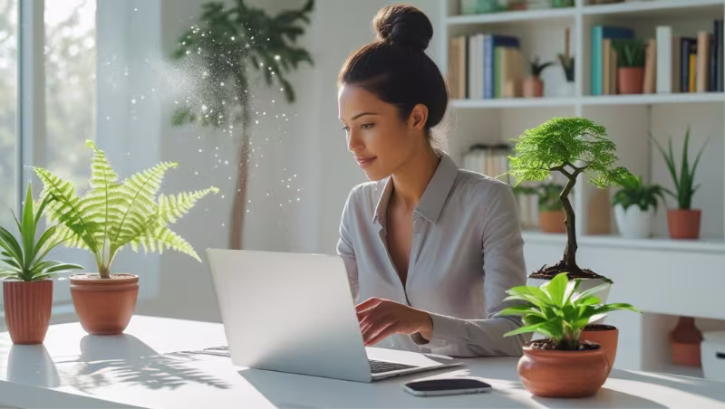Woman working on a laptop at a bright home office desk surrounded by potted plants and greenery
