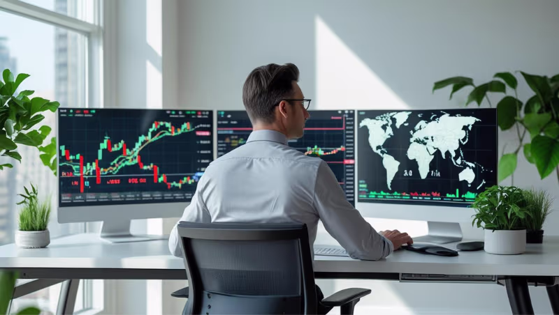 A man from behind, wearing glasses and a light shirt, sitting at a desk with two computer monitors displaying stock charts and a world map, with plants on either side.