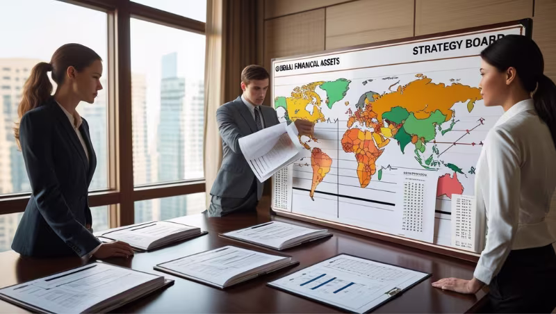 Three business professionals reviewing a 'Strategy Board' with a color-coded world map labeled 'Global Financial Assets' and documents spread on a conference table.