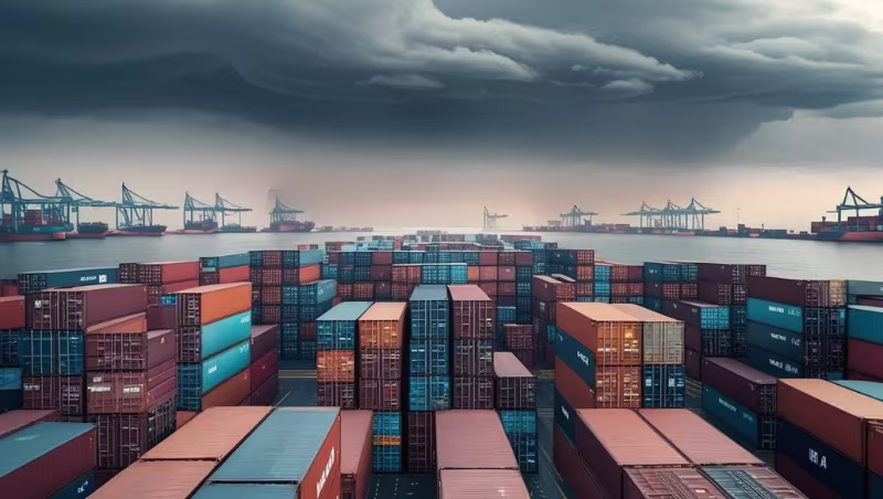 Stacks of shipping containers at a port under a stormy sky.