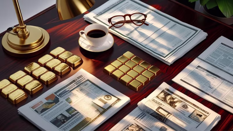 Stacks of gold bars, financial newspapers, a cup of coffee, and glasses on a polished wooden desk with a gold lamp. The scene suggests wealth, investment, or financial analysis.