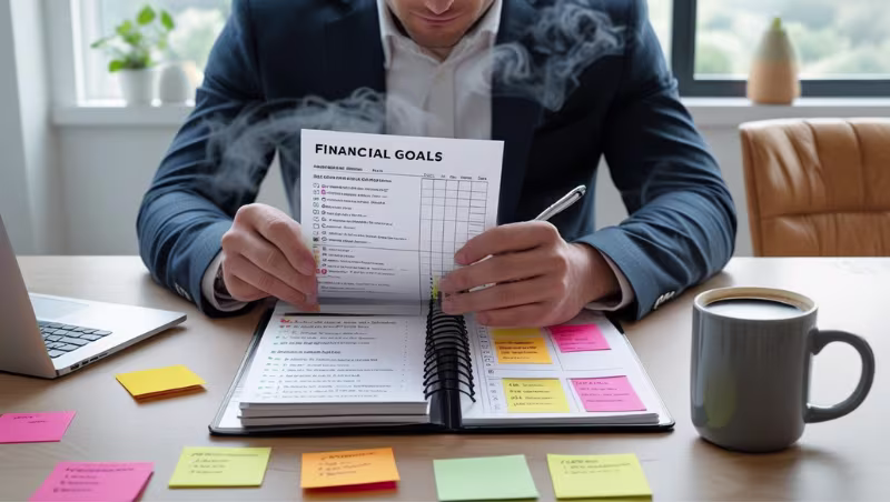 Man in a suit reviews a "Financial Goals" checklist at a desk with a planner, colorful sticky notes, laptop, and a cup of coffee. Office setting with natural light from a window.