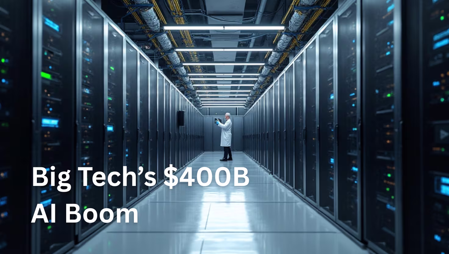 Engineer standing in a brightly lit data-center aisle between rows of server racks, with the overlaid headline “Big Tech’s $40B AI Boom".