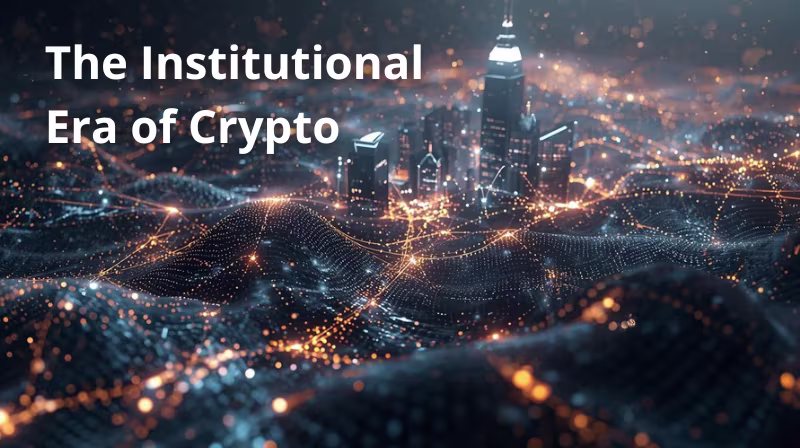 A futuristic city skyline glowing with data streams and digital connections, symbolizing blockchain networks integrating with global finance during the institutional era of crypto.