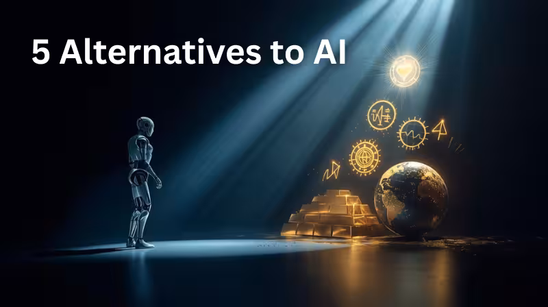 A futuristic scene showing an AI robot standing in shadow as a spotlight illuminates alternative investments, including gold bars, a glowing globe, and icons for healthcare, software, and global markets.