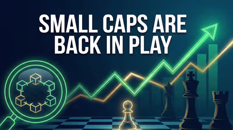 Chessboard background featuring a glowing pawn and a rising green stock market trend line, illustrating the text title "Small Caps Are Back in Play'"