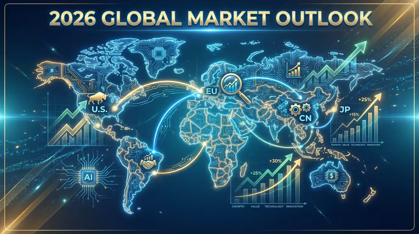 Futuristic world map titled ‘2026 Global Market Outlook’ showing the U.S., EU, China, and Japan connected by glowing data lines, with upward growth charts, percentage gains, AI and technology icons, and arrows indicating global economic growth and innovation.
