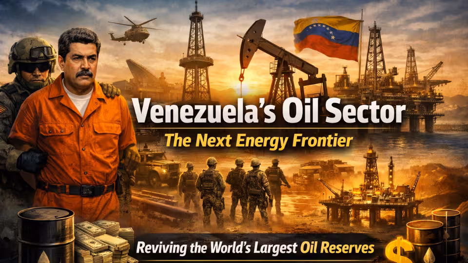 Illustration of Nicolás Maduro in an orange prison jumpsuit escorted by a U.S. soldier, with oil rigs, a pumpjack, and the Venezuelan flag in the background.