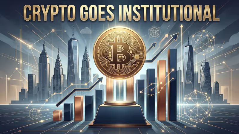Gleaming gold Bitcoin above ascending bar chart and corporate skyscrapers with bold “Crypto Goes Institutional” overlay