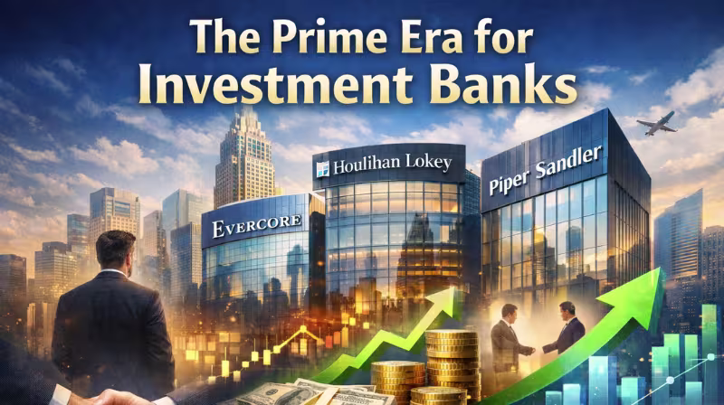 Investment banks growth cover image showing boutique bank firms Evercore, Houlihan Lokey, and Piper Sandler with upward market arrows, trading charts, and deal-making symbolism.