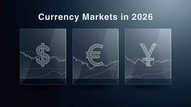 Currency Markets in 2026 cover image featuring USD, EUR and JPY symbols on financial charts, highlighting dollar decline, euro strength and yen volatility