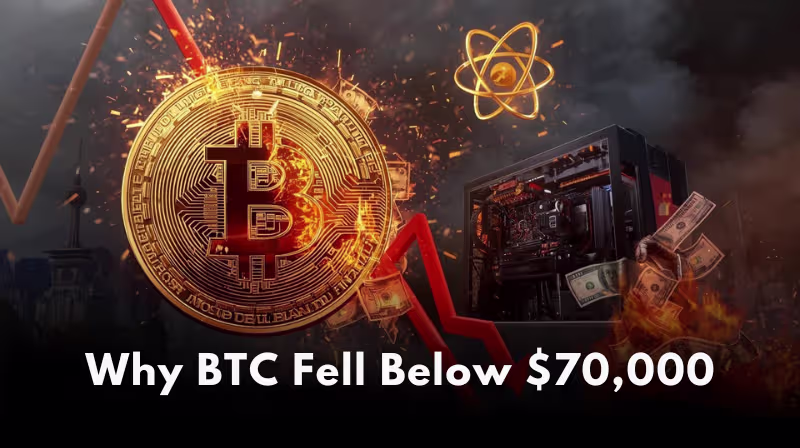 Bitcoin crash 2026 illustration showing a cracked Bitcoin coin, plunging red price chart, mining rigs, quantum security warning symbols, and “Why BTC Fell Below $70,000” headline.