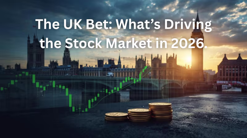 London skyline with Big Ben at sunrise and an upward stock chart, illustrating UK stock market growth in 2026.