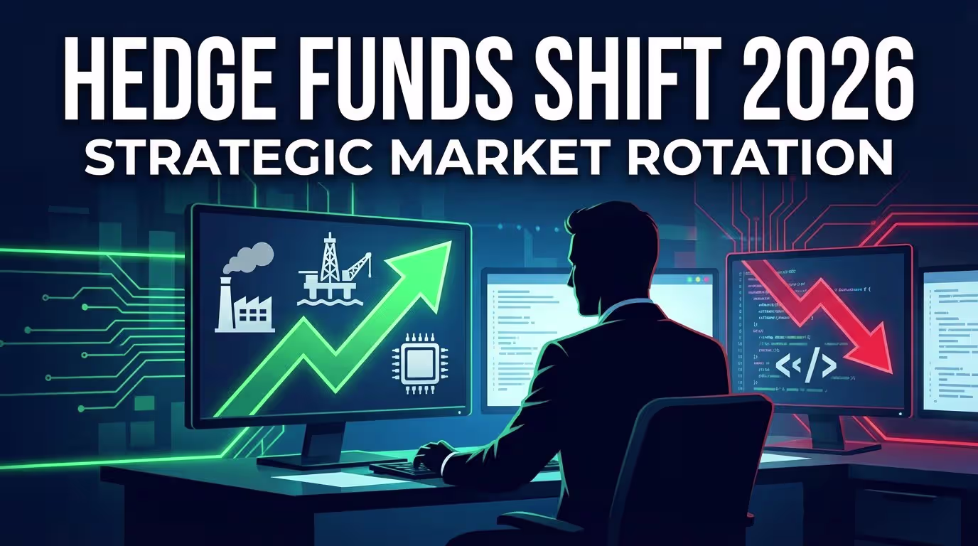 Hedge fund trader silhouette with rising industrial arrow and falling software arrow