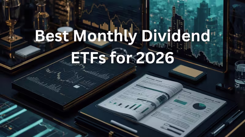 Premium finance article cover showing a dark, elegant desk setup with digital market charts, an open financial report, and the headline “Best Monthly Dividend ETFs for 2026” over a sophisticated blue-and-gold cityscape background.