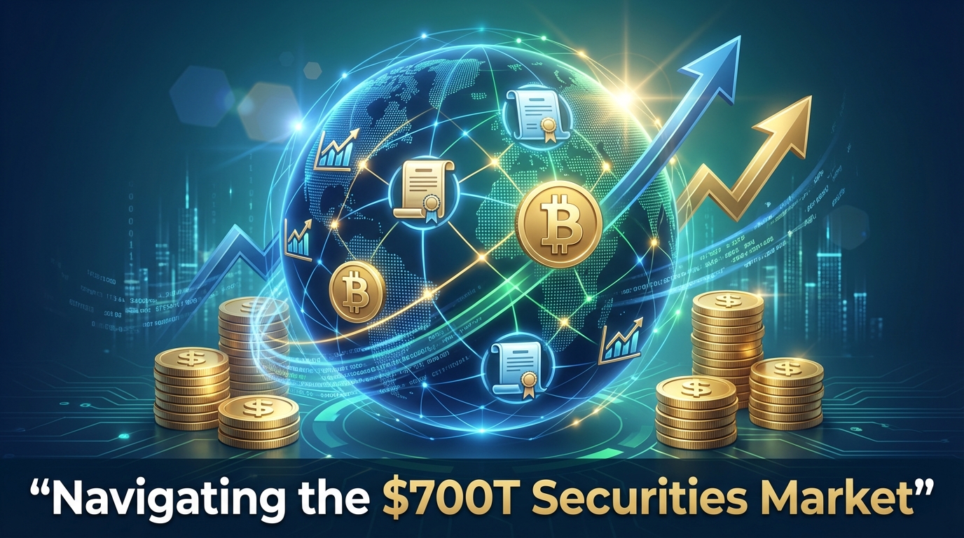 Glowing 3D globe of stock charts, bond certificates and cryptocurrency symbols connected by network lines
