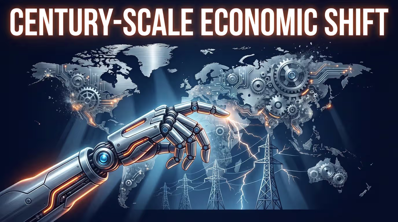 Futuristic robotic arm and power towers over a fragmented world map with glowing gears