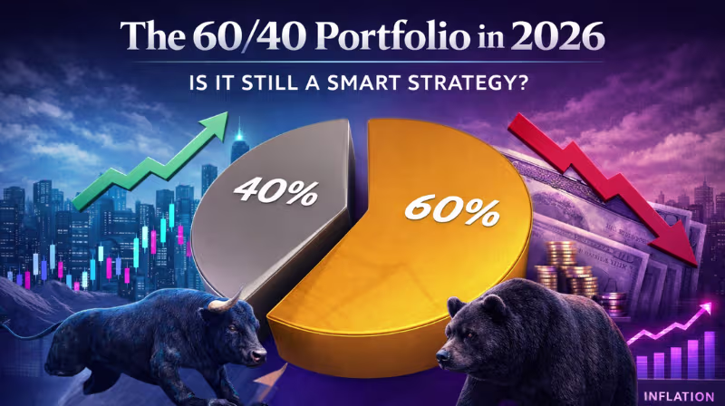 The 60/40 Portfolio in 2026 infographic featuring a 3D pie chart, bull and bear market symbols, stock market graphics, inflation and interest rate visuals, and the headline asking whether the 60/40 investment strategy is still smart