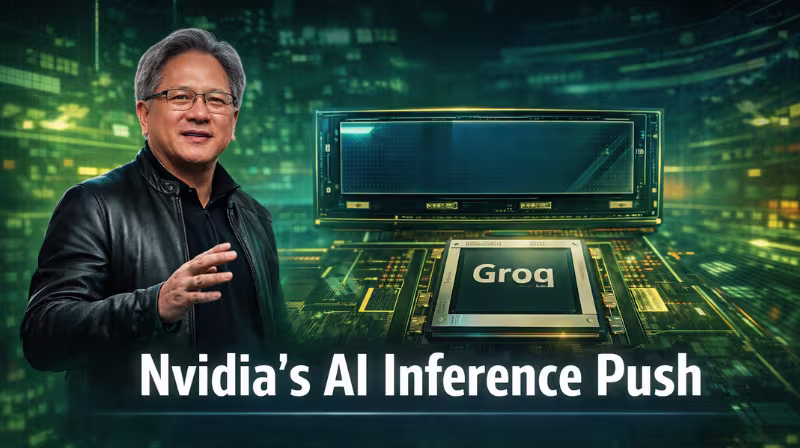 Nvidia CEO Jensen Huang alongside a stylized Vera Rubin AI chip and Groq accelerator, representing the company’s push into AI inference technology.