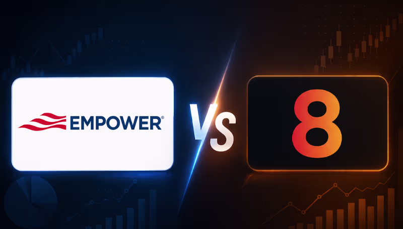 Dark comparison cover image featuring the Empower logo on the left and the 8FIGURES logo on the right, separated by a glowing “VS” with subtle financial chart graphics in the background.