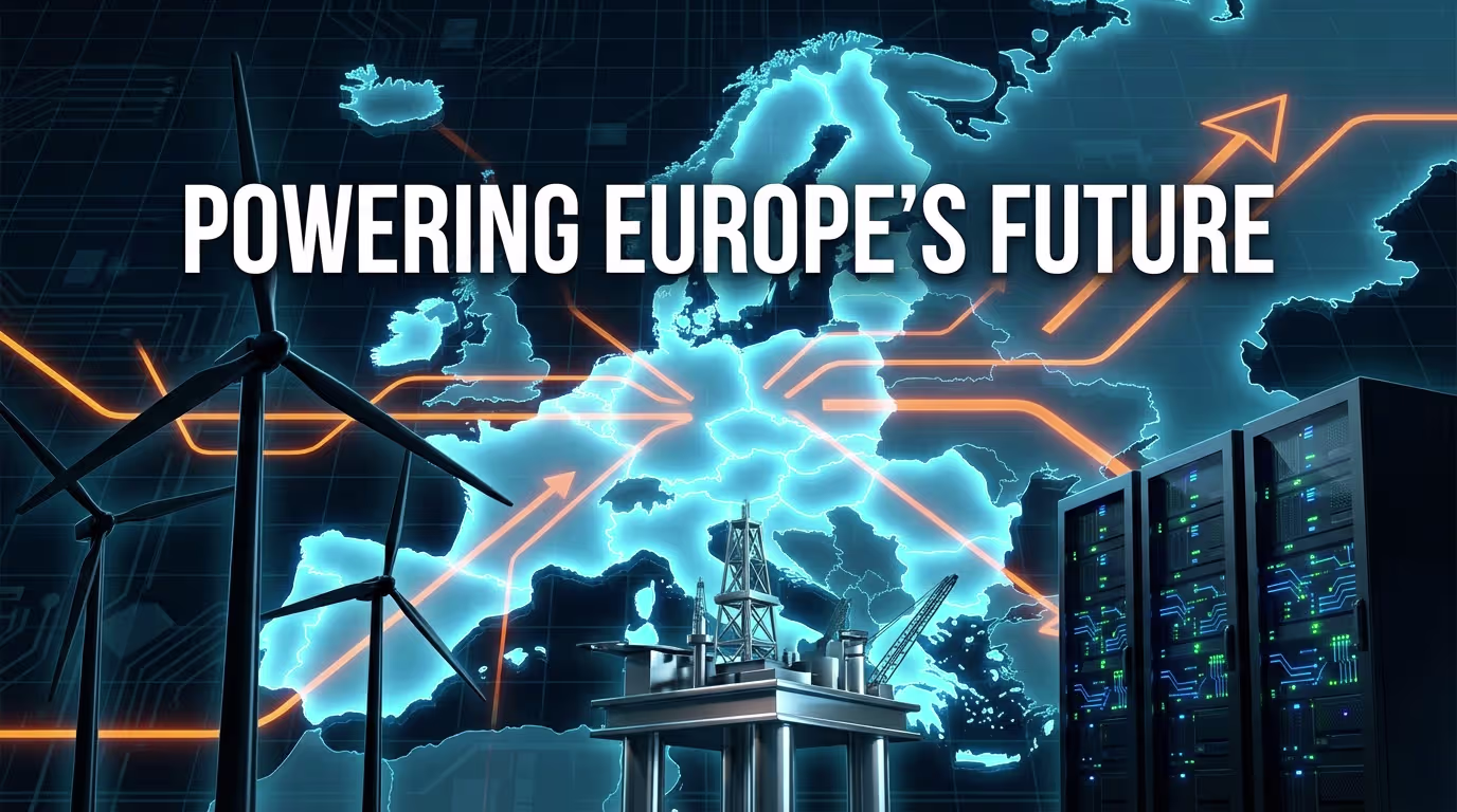 Map of Europe with wind turbines, offshore platform, data center racks and glowing energy grid