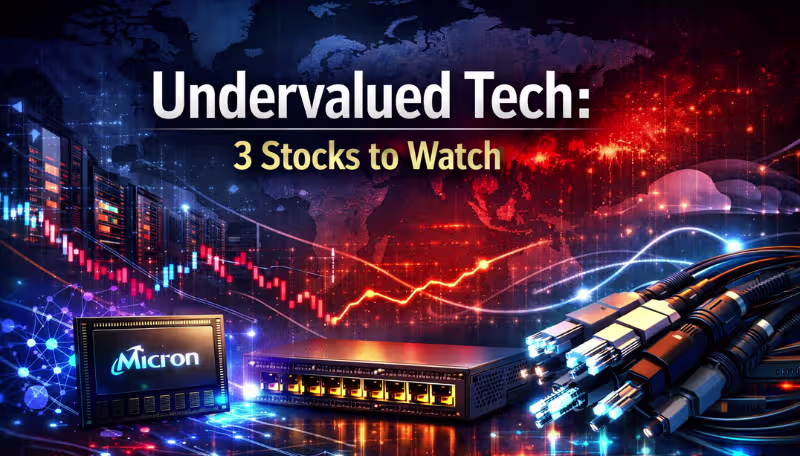 Futuristic financial cover image with the headline “Undervalued Tech: 3 Stocks to Watch,” featuring a glowing memory chip, network switch, and fiber optic cables in the foreground, overlaid with stock market charts and a digital world map highlighting market volatility and global tensions.