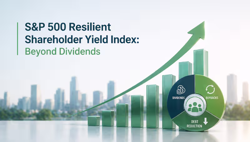 Explore a smarter income strategy with shareholder yield, combining dividends, buybacks, and debt reduction for resilient returns. Illustration of the S&P 500 Resilient Shareholder Yield Index with rising bars, an upward arrow, and icons for dividends, buybacks, and debt reduction.