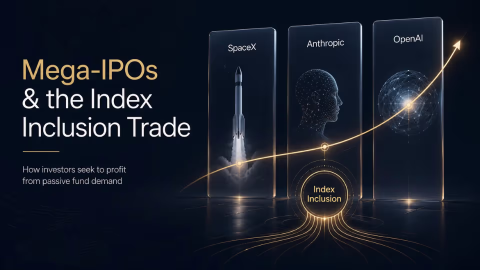 Financial illustration showing SpaceX, Anthropic, and OpenAI as sleek vertical panels connected by a rising gold market line, with an “Index Inclusion” hub representing passive fund demand, rebalancing, and free-float dynamics.