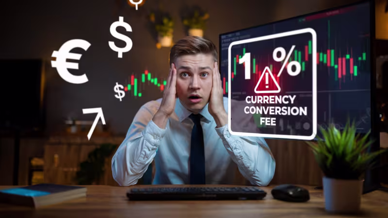 Illustration of hidden currency conversion fees eroding investment returns, with international currency symbols (USD, EUR, GBP) and a downward arrow over a stack of coins.