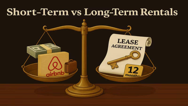 A golden balance scale contrasts short-term Airbnb income with long-term lease stability, symbolizing the trade-off between profit and predictability.