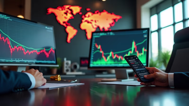 Illustration of a globe with overlaid news headlines, market charts, and geopolitical icons (oil, ballot box, war, central bank) symbolizing how global events ripple through investment portfolios.
