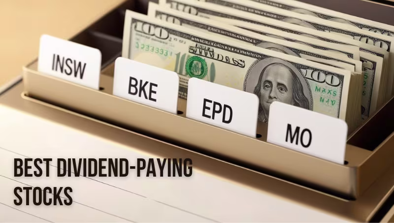 Best dividend-paying stocks 2025 – file folder labeled with top dividend stocks INSW, BKE, EPD, MO and stacks of hundred dollar bills representing passive income and investment returns