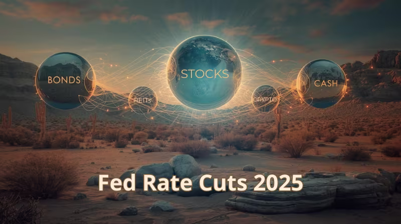 Surreal desert scene with glowing planets labeled Bonds, Stocks, Cash, REITs, and Crypto, symbolizing the impact of 2025 Fed rate cuts on different asset classes.