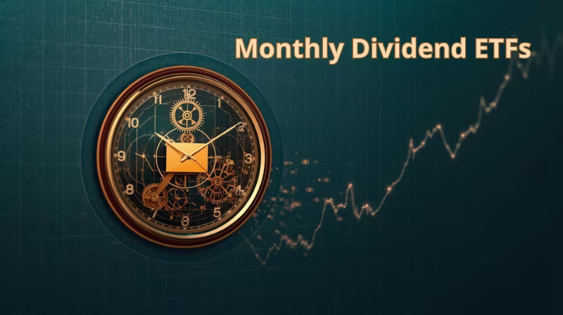 Monthly dividend ETFs cover: skeleton clock with gears and a golden envelope at twelve beside a rising chart, symbolizing steady monthly income.