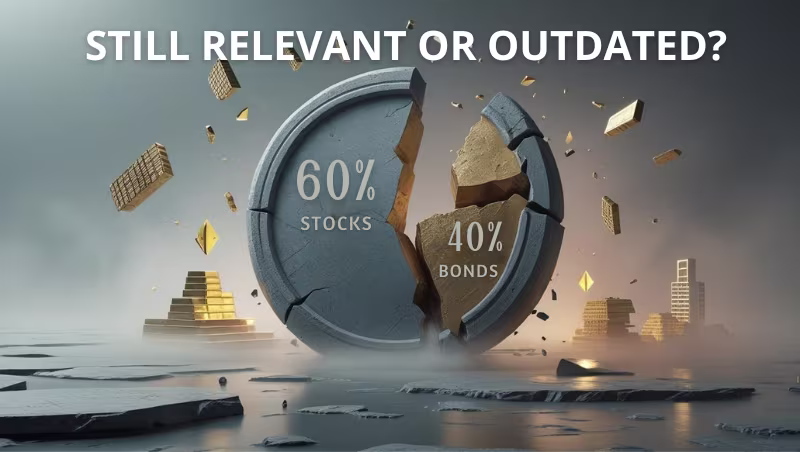 Cracked stone pie chart labeled "60% Stocks" and "40% Bonds" breaking apart in a surreal financial landscape with gold bars and buildings in the background, symbolizing the decline of the traditional 60/40 investment portfolio strategy. Overlay text reads "Still Relevant or Outdated?"
