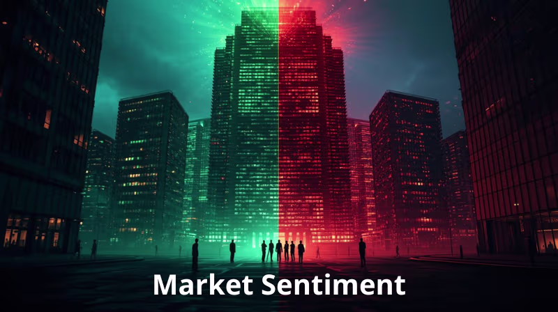 Illustration of city skyscrapers divided into green and red light symbolizing investor optimism and fear, with silhouettes of people below and the title “Market Sentiment.”