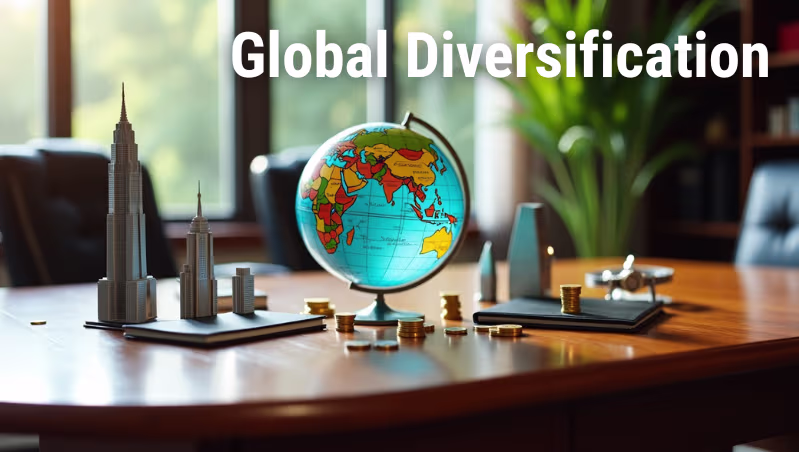 Global diversification concept with a world map, illustrating international investment strategies.