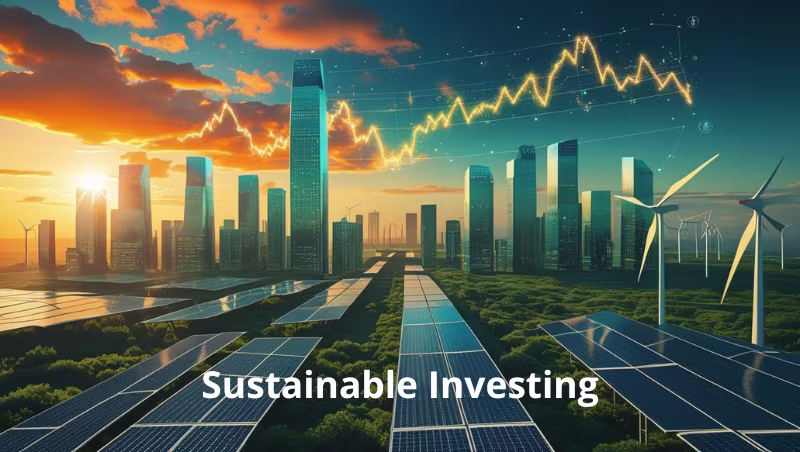 Futuristic city with solar panels and wind turbines representing sustainable investing and clean energy growth in 2025.