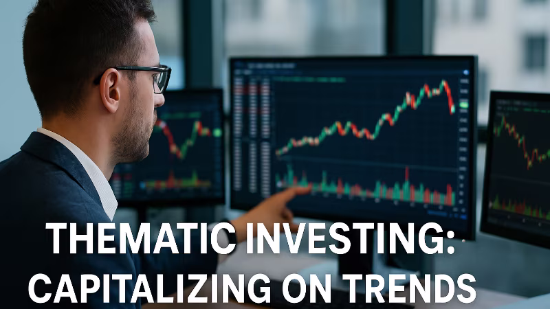 An individual in glasses and a suit points at a computer monitor displaying a financial chart with an upward trend. Two other monitors with similar charts are visible in the background. The text overlay reads "THEMATIC INVESTING: CAPITALIZING ON TRENDS.