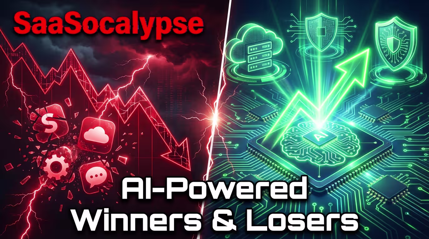 Split-screen of red crashing software stock chart vs green AI-powered upward arrow with cloud server and shield