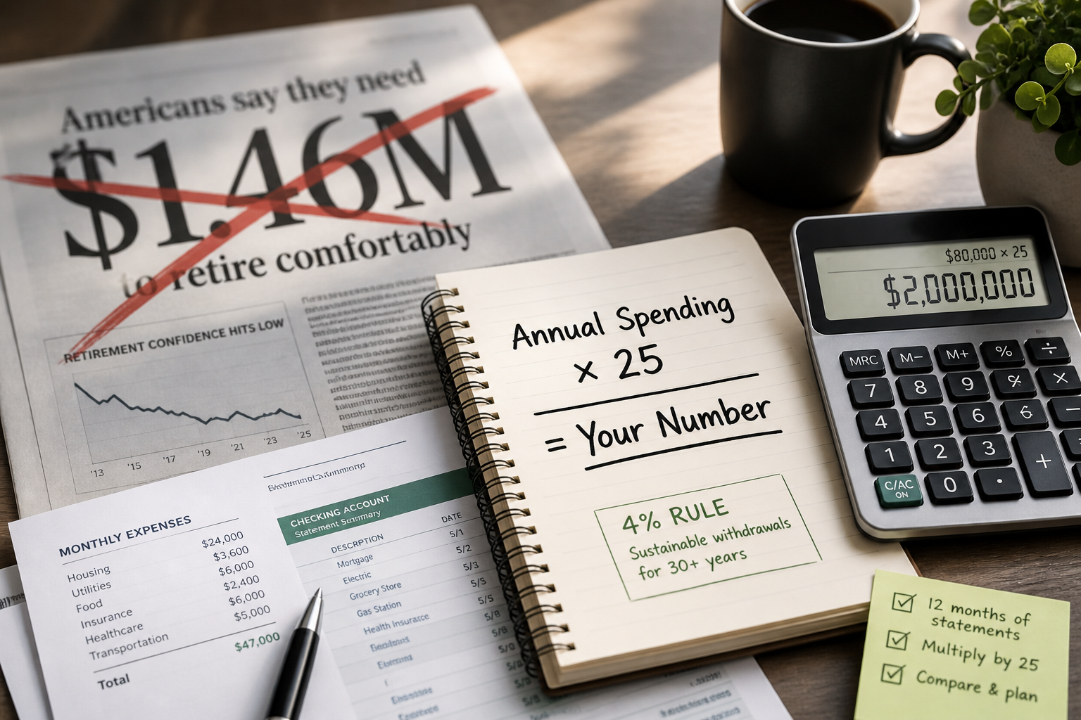 Newspaper headline 'Americans need $1.46M to retire' crossed out beside the FI formula in a notebook.